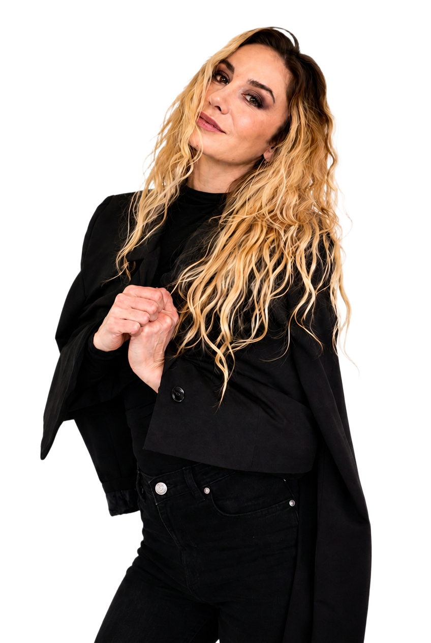 Dess, your English teacher, in a black blazer against a light studio background